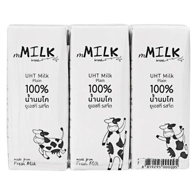 mMilk UHT Milk Plain 180l.×3 เอ็มมิลค์ นมยูเอชที รสจืด 180มล.×3