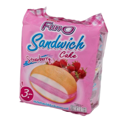 Fun-O Strawberry Cream Filled Sandwich Cake 13g.×12pcs. ฟันโอ แซนวิชเค้กสอดไส้ครีมกลิ่นสตรอเบอร์รี่ 13กรัม×12ชิ้น