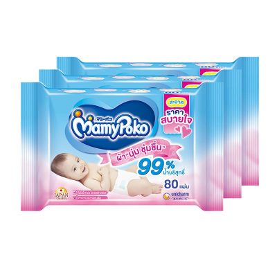 Mamy Poko Baby Wipes Comfort 30sheet. Pack3 มามี่โพโค ผ้าเช็ดทำความสะอาดก้นเด็ก 80แผ่น แพ็ค3