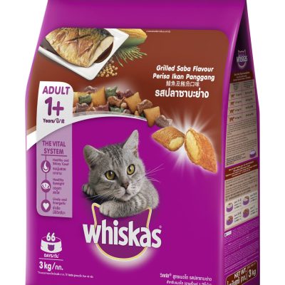 Whiskas Grilled Saba Flavored Cat Food 3kg. วิสกัสสูตรแมวโต อาหารแมวรสปลาซาบะย่าง 3กก.