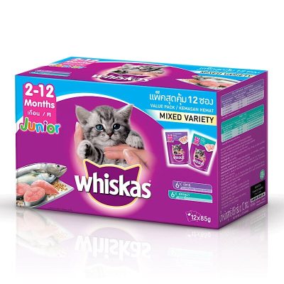 Whiskas Pouch Tuna+Mackerel Flavour Cat Food 85g.×12pcs. วิสกัสเพาช์ สูตรลูกแมว อาหารแมวรสทูน่า+ปลาทู 85กรัม×12ซอง