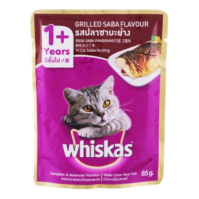 Whiskas Pounch Grilled Saba Flavored Cat Food 85g.×12pcs. วิสกัสเพาซ์ อาหารแมวรสปลาซาบะย่าง 85กรัม×12ซอง