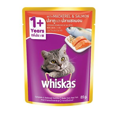 Whiskas Mackerel&Salmon Flavored Cat Food 85g.×12pcs วิสกัส อาหารแมวรสปลาทูผสมแซลมอน 85กรัม×12ซอง