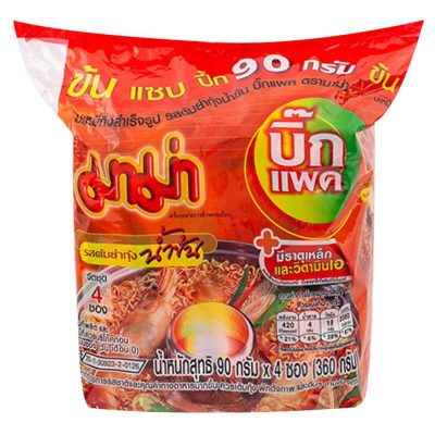 Mama Instant Noodles Shrimp Creamy Tom Yum Big Pack 90g.×Pack4 มาม่าบะหมี่กึ่งสำเร็จรูปบิ๊กแพครสต้มยำกุ้งน้ำข้น 90กรัม×แพ็ค4