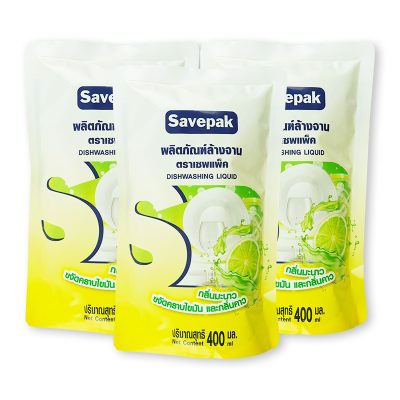 Savepak Dishwashing Liquid Lemon Scent 400 ml x 3 pcs.เซพแพ็ค น้ำยาล้างจาน กลิ่นมะนาว 400 มล. x 3 ถุง