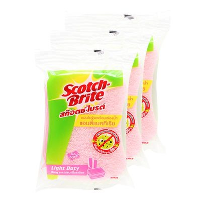 Scotch Brite Antibacterial Sponge Pink x 3 pcs.สก๊อตช์-ไบรต์ ใยขัดสีชมพูพร้อมฟองน้ำ แอนตี้แบคทีเรีย แพ็ค 3 ชิ้น