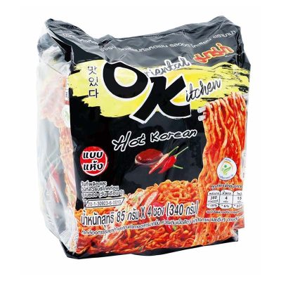 Mama Dried Instant Noodles Oriental Kitchen Hot Korean Flavour 85 g x 4.มาม่า ออเรียนทัลคิตเชน บะหมี่กึ่งสําเร็จรูป รสฮอตโคเรียน 85 กรัม x 4 ซอง