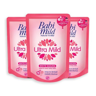 Babi Mild Head & Body Baby Bath Sakura Refill 380 ml x 3 pcs.เบบี้มายด์ ครีมอาบน้ำ กลิ่นไวท์ ซากุระ ถุงเติม 380 มล. x 3 ถุง