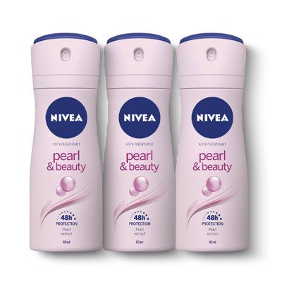 Nivea Pearl And Beauty Spray 60 ml x 3.นีเวีย สเปรย์ระงับกลิ่นกาย สูตรเพิร์ล แอนด์ บิวตี้ 60 มล. แพ็ค 3 กระป๋อง