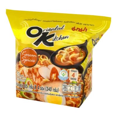Mama Instant Noodles Oriental Kitchen Korean Spices Flavour 80g x 4 Bags.มาม่า บะหมี่กึ่งสำเร็จรูป ออเรียนทัลคิตเชน รสโคเรียนสไปซ์ 80 กรัม x 4 ซอง
