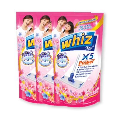 Whiz X5 Floor Cleaner Pink 800 ml pack of 3.วิซ น้ำยาถูพื้น สูตรเข้มข้นX5 กลิ่นฟลอรัล ชนิดถุงเติม 800 มล. แพ็ค 3 ถุง