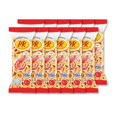 PR Rice Crackers Extrude Shrimp Spicy Yummy 16g x 12 Bags.พีอาร์ ขนมทอดกรอบ รสกุ้งสไปซี่ 16 กรัม x 12 ซอง