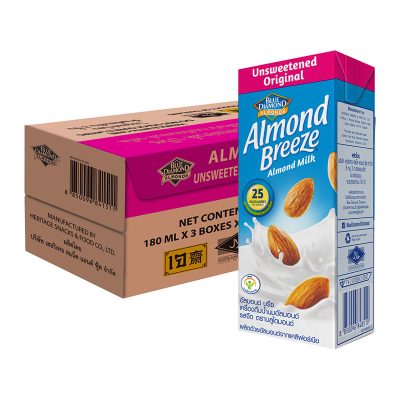 Blue Diamond Almond Breeze Almond Milk Unsweetened Original Flavor 180 ml x 24 Boxes.บลูไดมอนด์ อัลมอนด์ บรีซ นมอัลมอนด์ รสจืด 180 มล. x 24 กล่อง