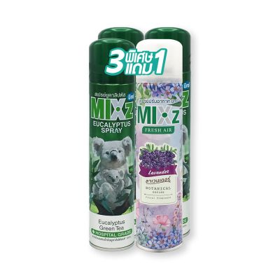 Mixz Spray Eucalyptus+Lavender 320 ml x 3+1.มิกซ์ สเปรย์ปรับอากาศ กลิ่นยูคาลิปตัส+ลาเวนเดอร์ 320มล. x 3+1 กระป๋อง